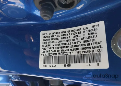 2016 Honda Civic Ex-T из США, поврежденный, VIN 19XFC1F35GE026717